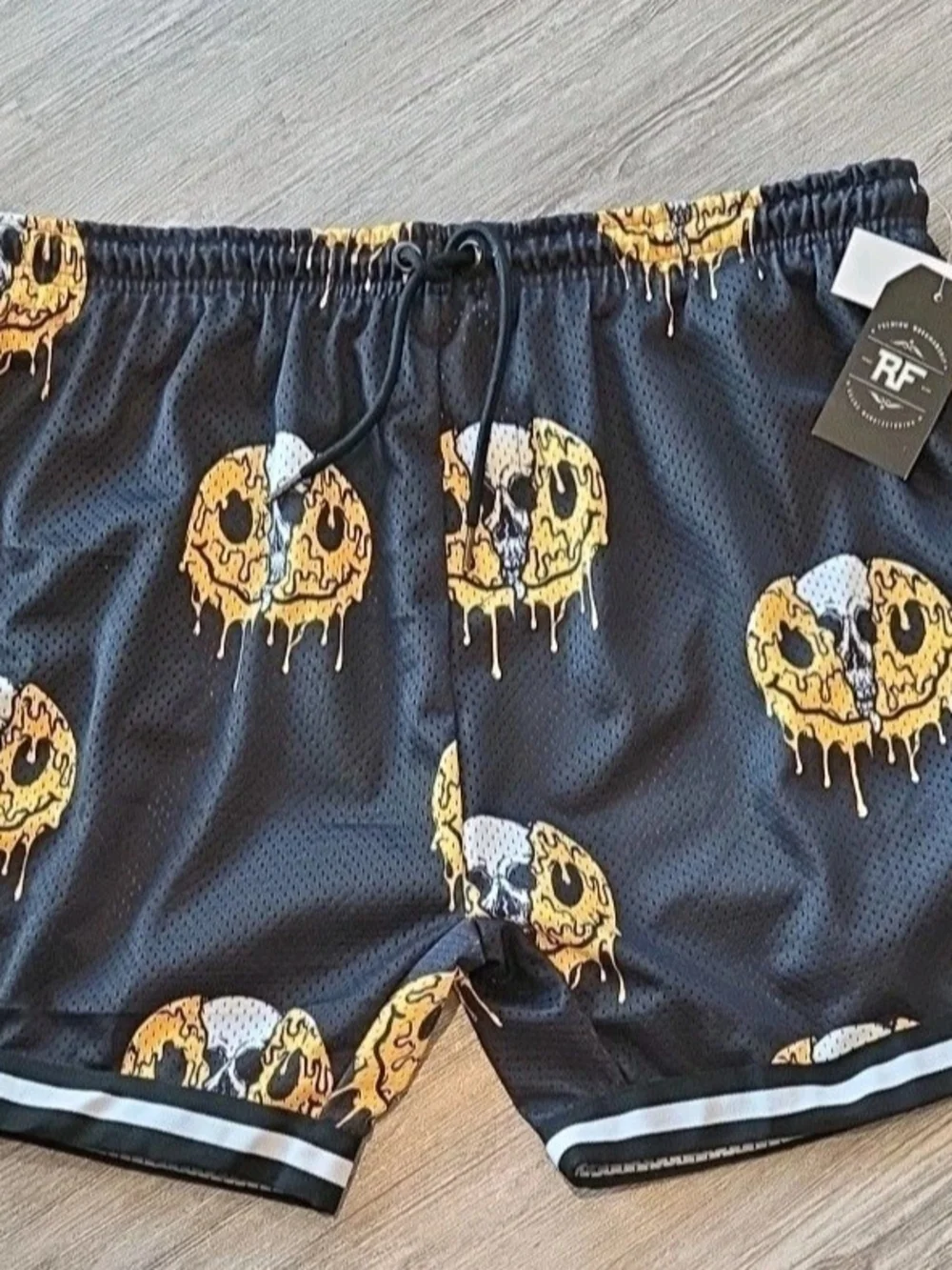 Mens Black Mesh Shorts with Yellow Drip Skull Print XL
